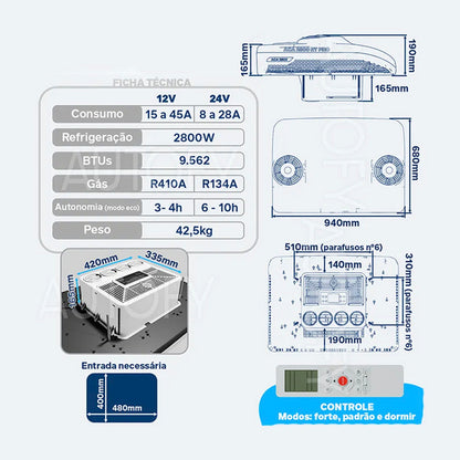 Kit Ar Condicionado de Teto Caminhoes/Onibus/Maquinas Agricula 12V MOD ACA KT 2800 RT PRO 6.5
