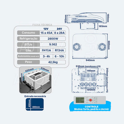 Kit Ar Condicionado de Teto Caminhoes/Onibus/Maquinas Agricula 24V MOD ACA KT 2800 RT PRO 6.5